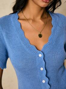 Poéselle Women's Solid Color Arched V-Neck Single-Breasted Short Sleeve Casual Knit Top Fall Tops,Knitted Sweater - Blue - View 4
