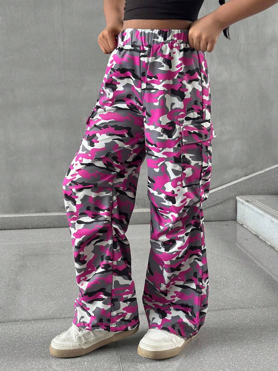SHEIN 青少年女孩休闲街头 Y2K 迷彩印花宽松直筒宽裤