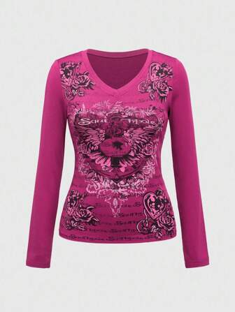 J-Fashion Maglietta aderente vintage Y2K grunge con stampa ali a cuore