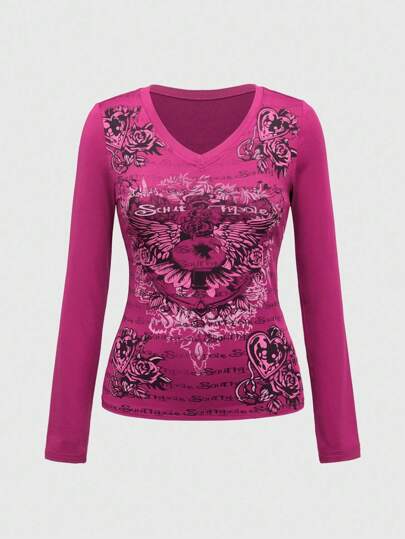 J-Fashion Vintage Y2K Grunge Heart Wing Print Fitted T-Shirt