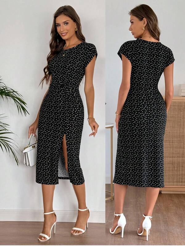 EMERY ROSE Heart Print Crew Neck Waist Twist Detail Front Slit Women Midi Dress