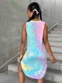 SHEIN 青少年女孩休闲街头风格时尚扎染印花圆领前短后长无袖连衣裙 - 粉色 - 查看 2