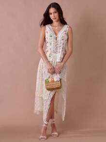 Enchnt 夏季浪漫女式杏色花卉图案撞色蕾丝 V 领单扣无袖时尚上衣，休闲舒适，适合生日、节日派对、甜蜜约会、日常通勤和度假，夏季百搭，音乐会女装 - 白色 - 查看 4