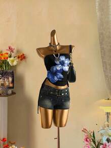 Attitoon Atasan Tube Top Wanita dengan Detail Kerut dan Ikatan di Depan, Motif Bunga, Gaya Liburan Pantai Goth, Cocok untuk Pergi Keluar - MultiWarna - View 5