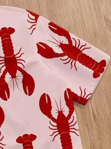 Manfinity Joysei Camisa de manga corta con estampado de langosta roja minimalista y casual para hombre, adecuada para vacaciones de verano, a juego en pareja