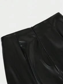 INAWLY Fashion Asymmetric Design Side Metal Chain Decor Solid Color Zipper PU Leather Women Skirt