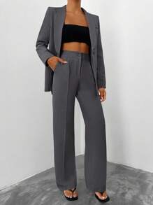 EURMUSE Women's Solid Color Blazer & Pants Suit Set - Dark Grey - View 4