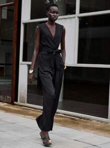 Lumivelle 女式V领简约纯色无袖西装外套 - 黑色 - 查看 1