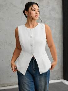 SHEIN EZwear Chaleco informal de resort de cintura ceñida sin mangas de talla grande de lino