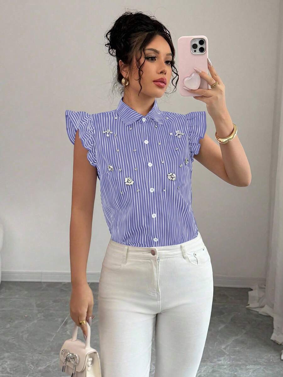 Elenzga 女式标准领蝴蝶袖条纹缀饰休闲衬衫