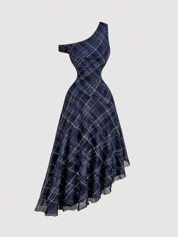 SHEIN MOD Vintage 70s Black And Blue Checkered Asymmetrical Hem Dress With One Shoulder - Perfect For Women's Vacation Outfits, Country Styles, Beach Getaways, Dates, Holidays, Western Wear, Preppy Looks, And Commuter Attire