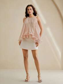 Anewsta Elaire Fashionable Elegant Chic Fresh Rhinestone & Pearl Decor Sleeveless Women Tank Top - Pink - View 7
