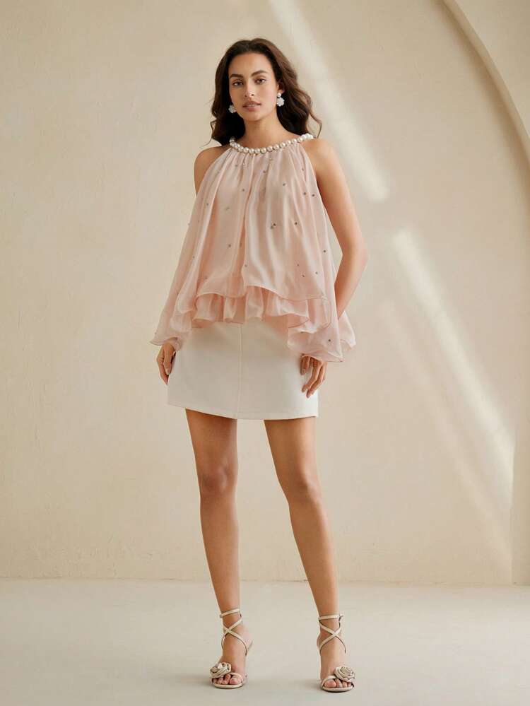 Anewsta Elaire ファッショナブルでエレガントでシックなライノストーン&パールデコレーションのレディースノースリーブタンクトップ