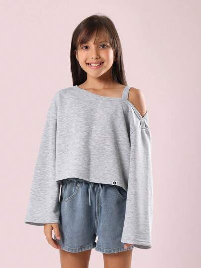 SUMWON One Shoulder Asymmetric Sweatshirt - Casual Long Sleeve Cropped Pull Over For Tween Girls - Fall Winter Streetwear Fashion Top