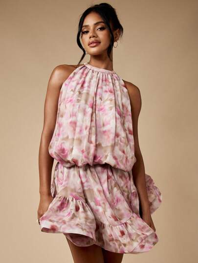 MISSGUIDED Watercolor Print Floral High Neck Ruffled Chiffon Flowy Halter Mini  DressMISSGUIDED