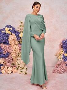 SHEIN Belle 优雅浪漫圆领长袖褶饰不对称美人鱼下摆针织伴娘礼服 - 綠色 - 查看 6