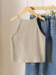 SHEIN Girls' Vacation Beach Countryside Crochet Ruffled Halter Cropped Tank Top, Summer