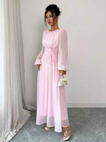 Elenzga 女式法式浪漫西西里优雅休闲办公室度假下午茶派对圆领褶皱腰抽绳 A 字形松紧腰长袖长裙，春夏 - 淺粉色 - 查看 6