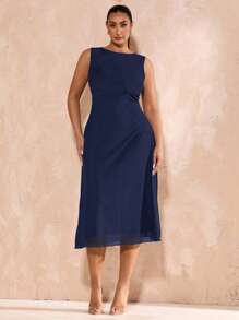 SHEIN BAE 大码女式黑色网眼优雅中长紧身 A 字针织连衣裙，适合毕业典礼、婚礼、法式风格、晚礼服、生日、伴娘、简约优雅的日常/婚礼/伴娘礼服、鸡尾酒会礼服 - 藏蓝色 - 查看 1