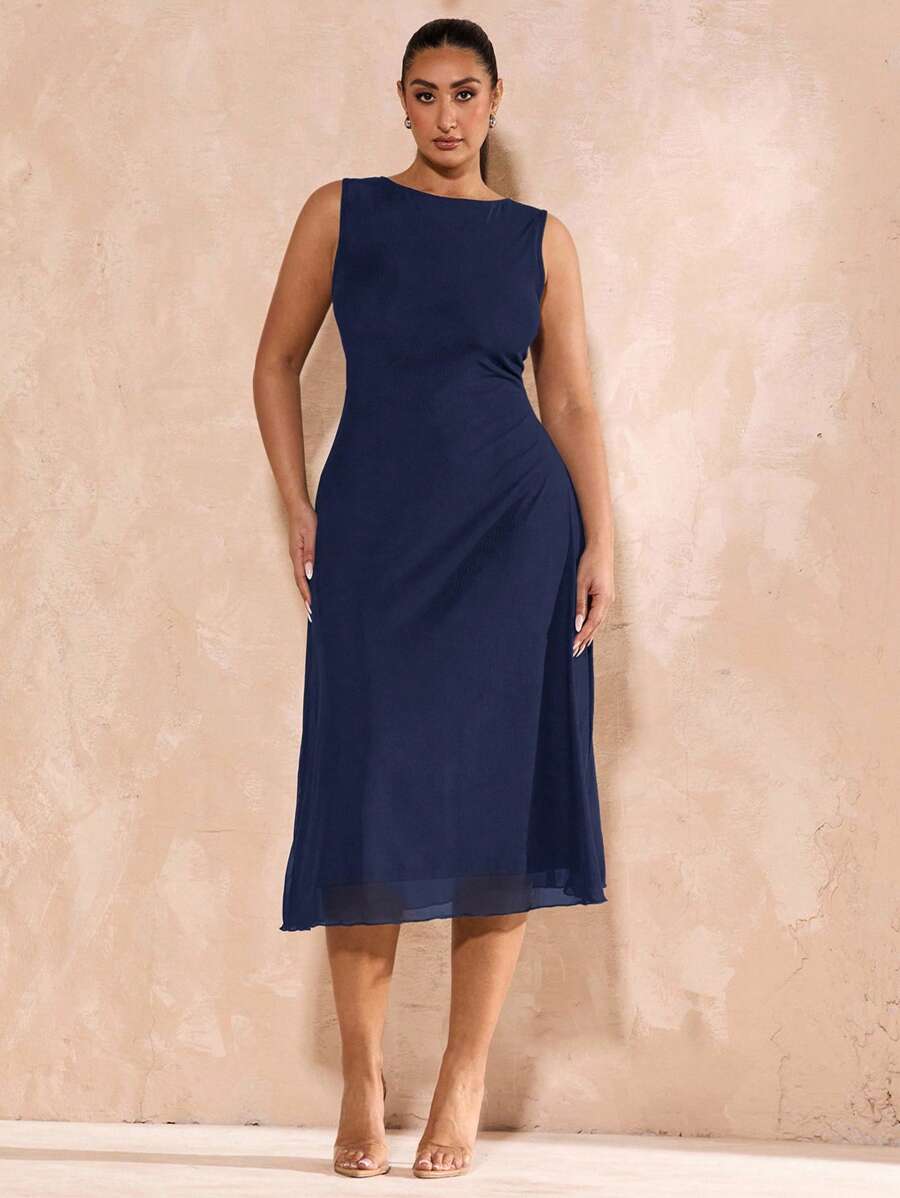 SHEIN BAE 大码女式黑色网眼优雅中长紧身 A 字针织连衣裙，适合毕业典礼、婚礼、法式风格、晚礼服、生日、伴娘、简约优雅的日常/婚礼/伴娘礼服、鸡尾酒会礼服 - 藏蓝色 - 查看 1