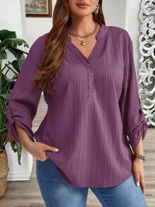 EMERY ROSE Long Sleeve Woven Purple Top For Women With Roll-Up Sleeves And Regular Hem,Fall Clothes For Women - Purple - View 1