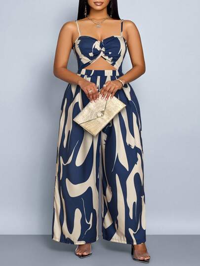 SOLERSUN Women's Plus Size Elegant Casual Sleeveless Black & White Floral Print Twist-Knot Wide Leg Jumpsuit With Spaghetti Straps, Spring And Summer