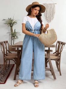 EMERY ROSE Plus Size Casual Vacation Denim Jumpsuit - Blue - View 5