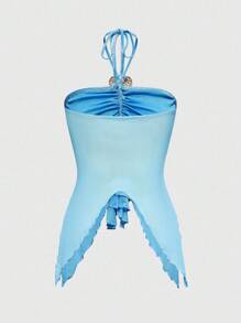 ROMWE Fairycore Women's Asymmetrical Hemline Halter Top With Ocean Shell Decoration, Summer - Blue - View 2