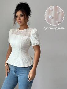 Elenzga Puff Sleeve Ruffled Hem Square Neck Square Neck Waist Decorated Pearl Detail Elegant Romantic Cream Yellow Ladies Blouse