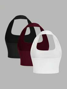 SHEIN EZwear 3 件套女士黑色、白色和酒红色休闲短款工字背心，适合夏季