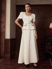 ZEYLAH 方领收腰短袖金属扣装饰长款优雅初秋套装 - 杏色 - 查看 4