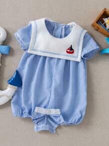 PrepCrw Baby Boy Collegiate Style Colorblock Sailor Collar Shortall - Blue and White - View 7