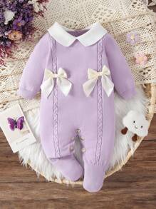 SHEIN 女婴高领针织连体衣，长袖，连脚，秋冬季温暖舒适，手工编织蝴蝶结设计，优雅时尚，适合日常穿着、居家、外出和旅行，黄色和浅黄色 - 紫色 - 查看 6