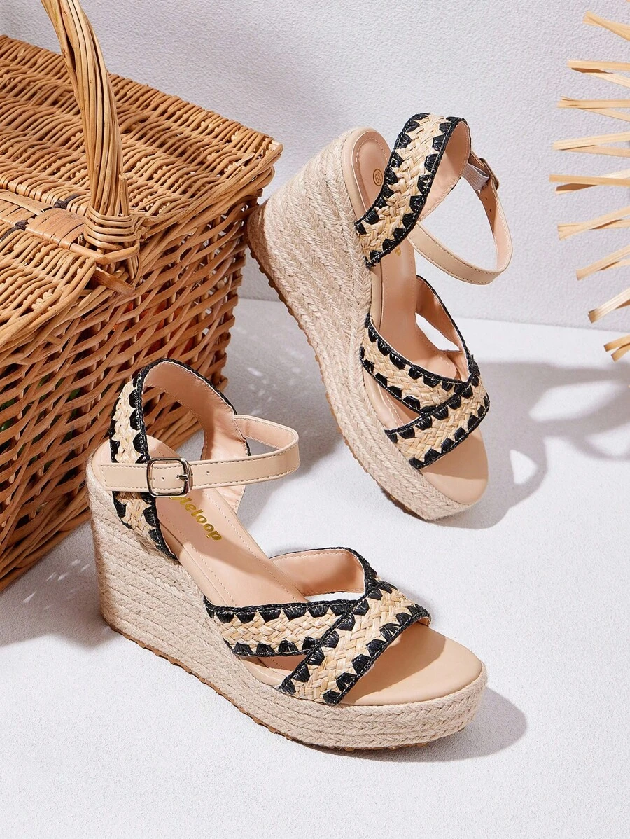 Styleloop Sandalias de plataforma con cuña de cuerda tejida para mujer, estilo de vacaciones BOHO Chic Retro del Oeste Americano para festival de música, zapatos de suela gruesa - Albaricoque - Ver 1