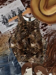 SHEIN EZwear 休闲简约圆领波西米亚风格西部游牧豹纹和奶牛印花图案紧身女式背心，适合夏季、俱乐部适合外出 - 彩色 - 查看 7