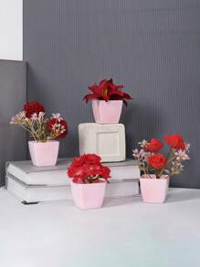 1 件/4 件仿迷你盆栽植物套装 - 塑料绿植装饰，适合现代家居、情人节桌面装饰、派对、情人节、生日毕业礼物 - 紅色 - 查看 4