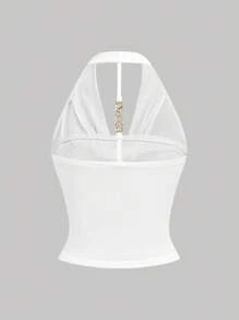 SHEIN Girlism Everyday Semi-Sheer White Tank Top With Plant Detail And Short Asymmetrical Design White Top White Tops Halter Top White Halter Top Cowl Neck Top - White - View 2
