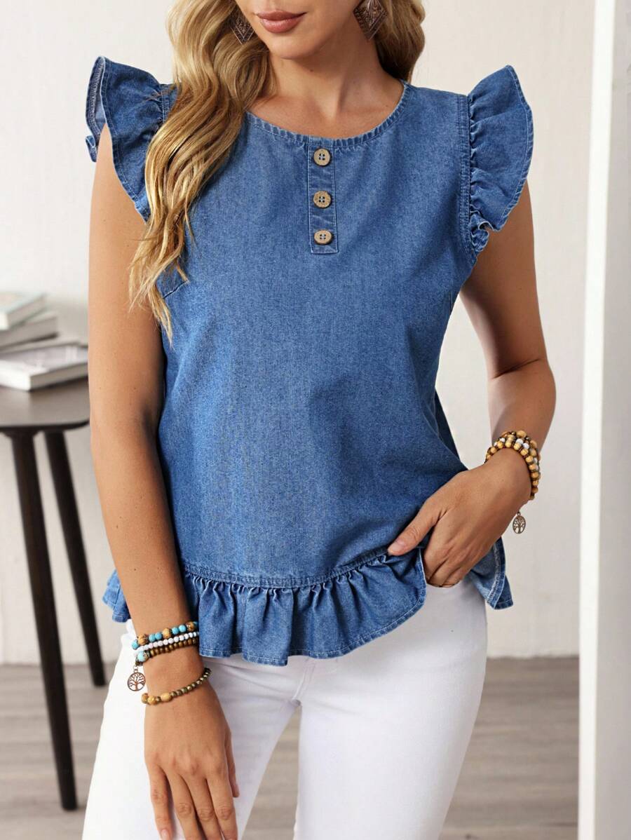 EMERY ROSE Women's Casual Ruffle Denim Blouse - Blue - View 1