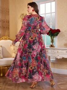 Modelyn 全新奢华优雅蓬松V领长袖连衣裙 - 玫紅色 - 查看 2