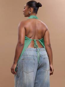 MUSERA Plus Size Chiffon Extreme Draped Halter Neck Backless Top For Going Out, Sexy, Club, Holiday, Rave, Festival, Concert, Spring Summer - Teal Blue - View 2