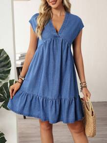 EMERY ROSE Women's Casual Loose Daily Ruffled Hem V-Neck Denim Dress - Blue - View 3