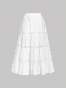 SHEIN MOD 杏色蕾丝拼接复古度假风半身裙波西米亚风田园度假半身裙春夏半身裙沙滩裙 - 白色 - 查看 1