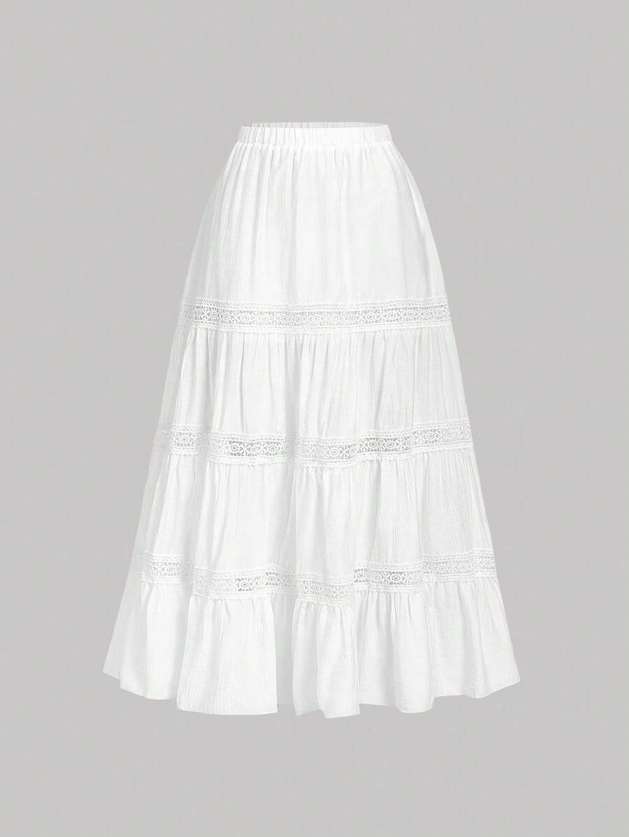 SHEIN MOD 杏色蕾丝拼接复古度假风半身裙波西米亚风田园度假半身裙春夏半身裙沙滩裙 - 白色 - 查看 1