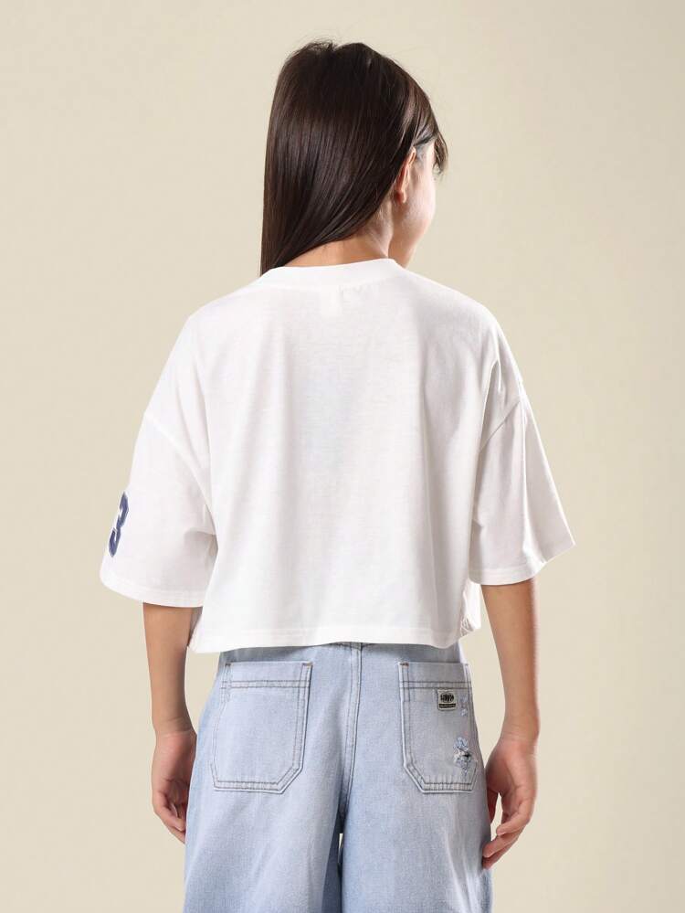 Tween Girls Crop T-Shirt With Varsity Retro Motor Star Graphics