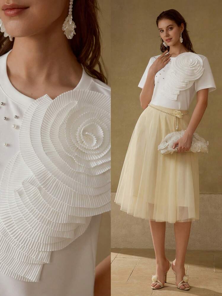 FAUX PEARL & BEADED APPLIQUES T-SHIRT