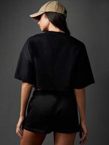 Missguided x Playboy Retro Logo Grafik Crop T-Shirt, Hase P Buchstabe Muster, Streetstyle Lässig Urban Kurzarm Basic T-Shirt, Mode Alltag Streetwear