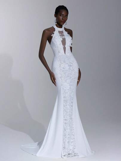 Elitara Elegant And Luxurious White Lace Crochet Patchwork Stretch Knitted Handmade Three-Dimensional Flower Applique Stand-Up Collar Chest See-Through Sexy Backless Fishtail Long Dress, Suitable For Weddings, Formal Occasions, Bridal Dresses, Wedding Dresses (Heavy Work Style)