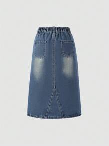 SHEIN Girls' Casual All-Match School Style Simple Washed Light Blue Denim Skirt Fall Winter