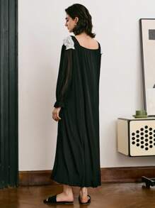 法式优雅撞色蕾丝灯笼袖优雅宫廷风女士睡裙 - 黑色 - 查看 2