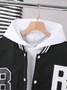 SHEIN Teen Boy Fashion Casual Vacation Colorblock Letter Print Jacket Chic Outfits For Autumn/Winter Fall - Black and White - View 4